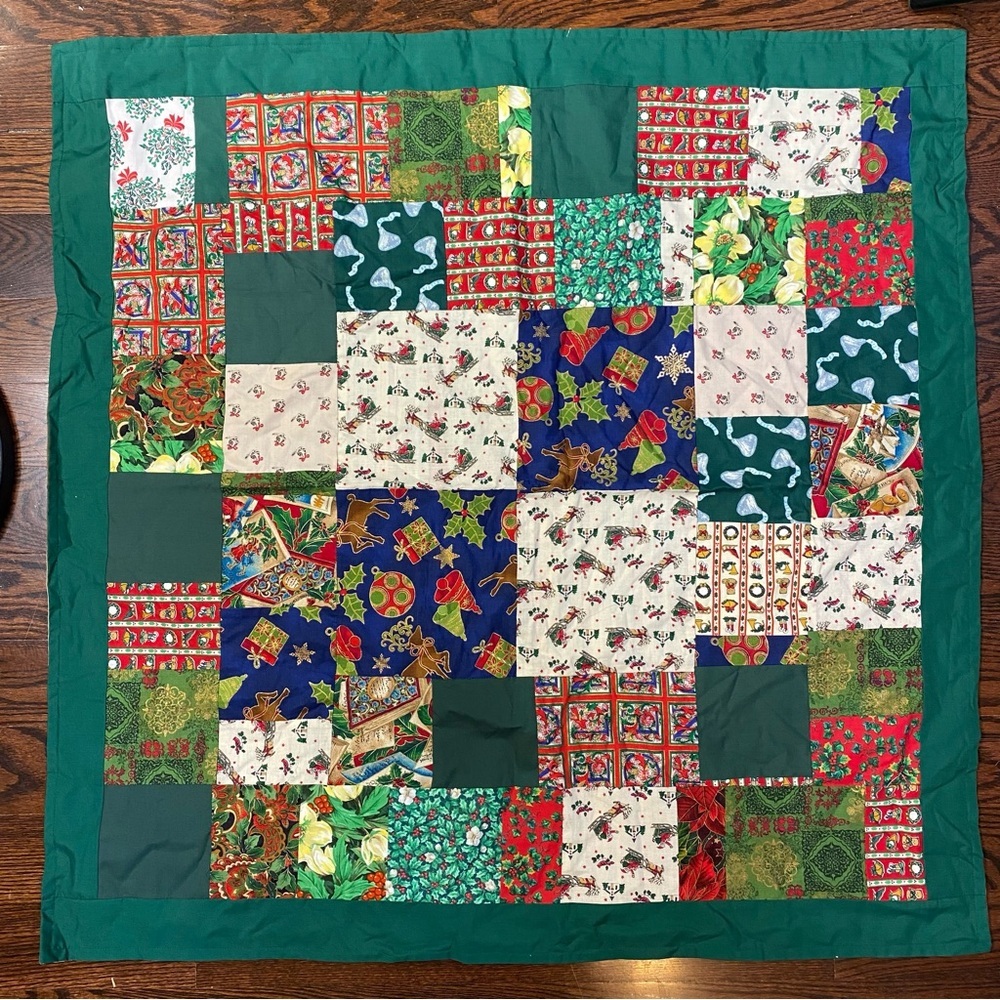 Scrappy Christmas Square Design – LAP QUILT – Christmas Colors 35” handmade